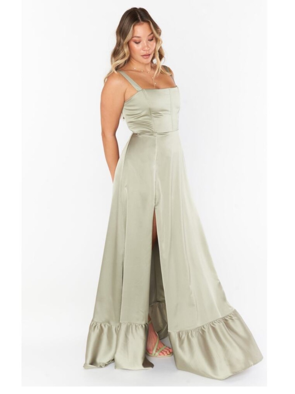 Show Me Your MuMu Clarissa Corset Moss Green Satin Lace-Up Back Dress - Picture 3 of 9